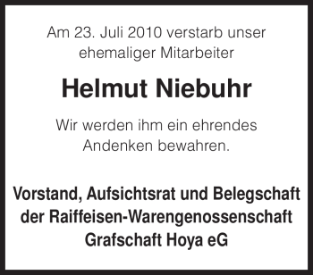 Traueranzeige von Helmut Niebuhr von KREISZEITUNG SYKE