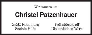 Traueranzeige von Christel Patzenhauer von KREISZEITUNG SYKE