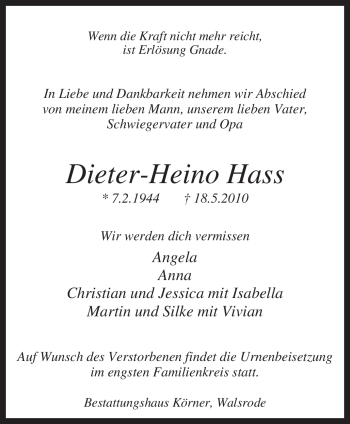 Traueranzeige von Dieter-Heino Hass von KREISZEITUNG SYKE