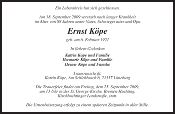 Traueranzeige von Ernst Köpe von KREISZEITUNG SYKE