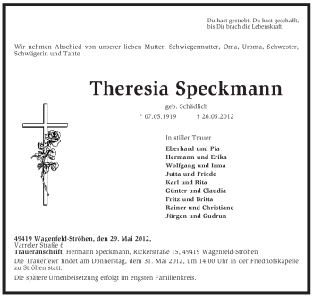 Traueranzeige von Theresia Speckmann von KREISZEITUNG SYKE