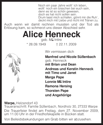 Traueranzeige von Alice Henneck von KREISZEITUNG SYKE