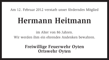 Traueranzeige von Hermann Heitmann von KREISZEITUNG SYKE