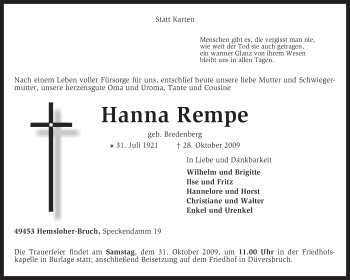 Traueranzeige von Hanna Rempe von KREISZEITUNG SYKE