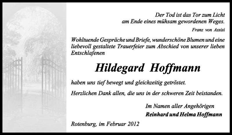  Traueranzeige für Hildegard Hoffmann vom 04.02.2012 aus KREISZEITUNG SYKE