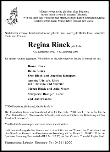 Traueranzeige von Regina Rinck von KREISZEITUNG SYKE