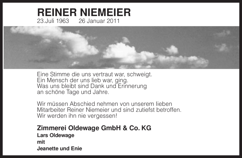  Traueranzeige für Reiner Niemeier vom 31.01.2011 aus KREISZEITUNG SYKE