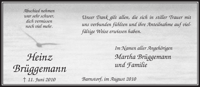  Traueranzeige für Heinz Brüggemann vom 07.08.2010 aus KREISZEITUNG SYKE