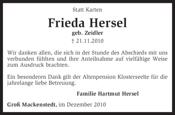 Traueranzeige von Frieda Hersel von KREISZEITUNG SYKE