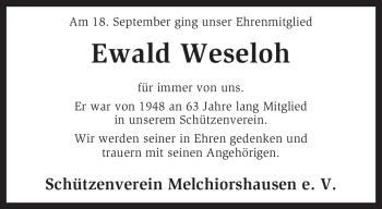 Traueranzeige von Ewald Weseloh von KREISZEITUNG SYKE