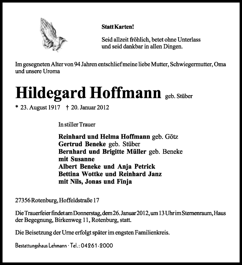  Traueranzeige für Hildegard Hoffmann vom 23.01.2012 aus KREISZEITUNG SYKE