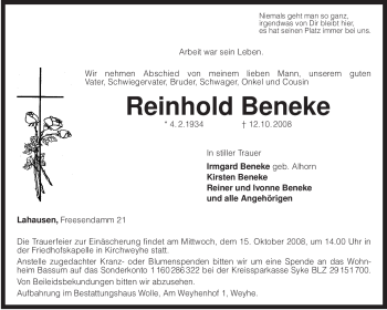 Traueranzeige von Reinhold Beneke von KREISZEITUNG SYKE