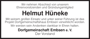 Traueranzeige von Helmut Hüneke von KREISZEITUNG SYKE