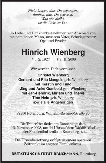 Traueranzeige von Hinrich Wienberg von KREISZEITUNG SYKE