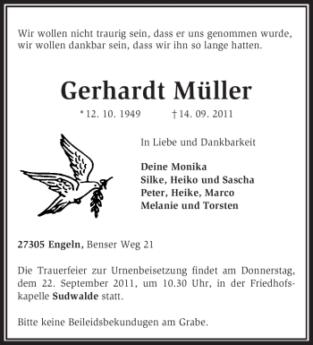 Traueranzeige von Gerhardt Müller von KREISZEITUNG SYKE