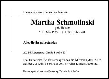 Traueranzeige von Martha Schmolinski von KREISZEITUNG SYKE