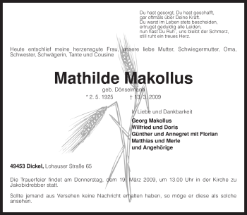 Traueranzeige von Mathilde Makollus von KREISZEITUNG SYKE