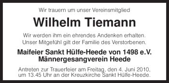 Traueranzeige von Wilhelm Tiemann von KREISZEITUNG SYKE