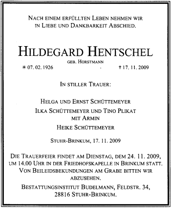 Traueranzeige von Hildegard Hentschel von KREISZEITUNG SYKE