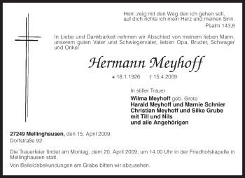 Traueranzeige von Hermann Meyhoff von KREISZEITUNG SYKE