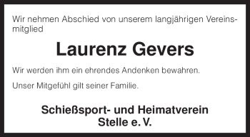 Traueranzeige von Laurenz Gevers von KREISZEITUNG SYKE