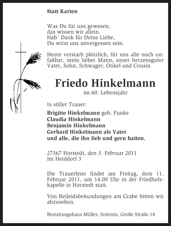 Traueranzeige von Friedo Hinkelmann von KREISZEITUNG SYKE