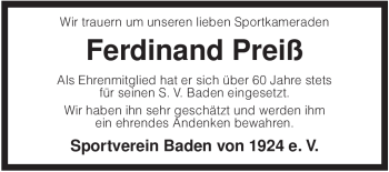 Traueranzeige von Ferdinand Preiß von KREISZEITUNG SYKE