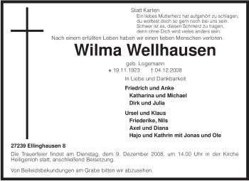 Traueranzeige von Wilma Wellhausen von KREISZEITUNG SYKE