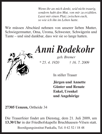 Traueranzeige von Anni Rodekohr von KREISZEITUNG SYKE