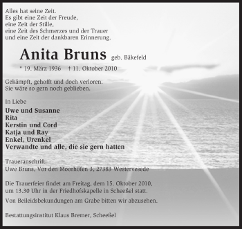 Traueranzeige von Anita Bruns von KREISZEITUNG SYKE