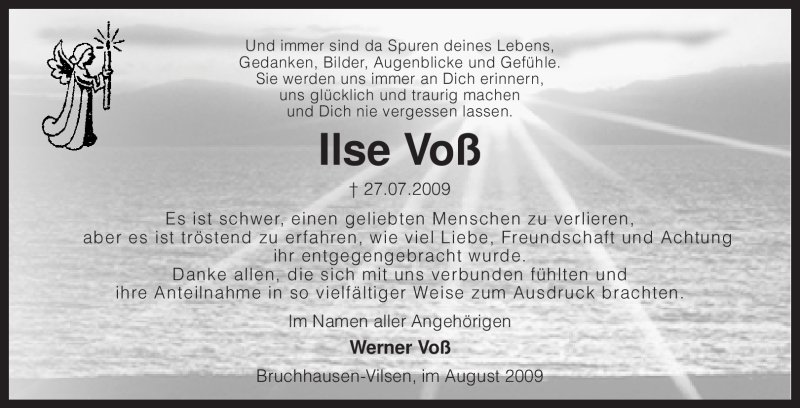  Traueranzeige für Ilse Voß vom 29.08.2009 aus KREISZEITUNG SYKE