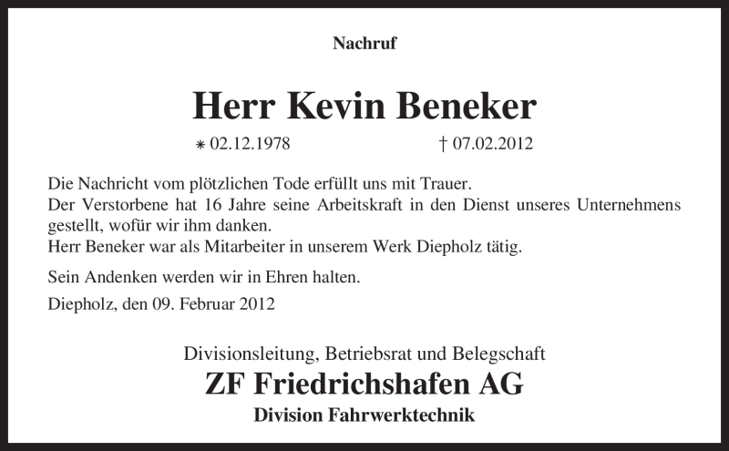  Traueranzeige für Kevin Beneker vom 10.02.2012 aus KREISZEITUNG SYKE