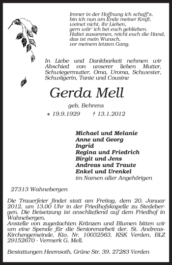 Traueranzeige von Gerda Mell von KREISZEITUNG SYKE