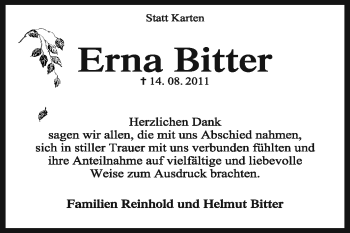 Traueranzeige von Erna Bitter von KREISZEITUNG SYKE