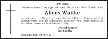 Traueranzeige von Alfons Wuttke von KREISZEITUNG SYKE