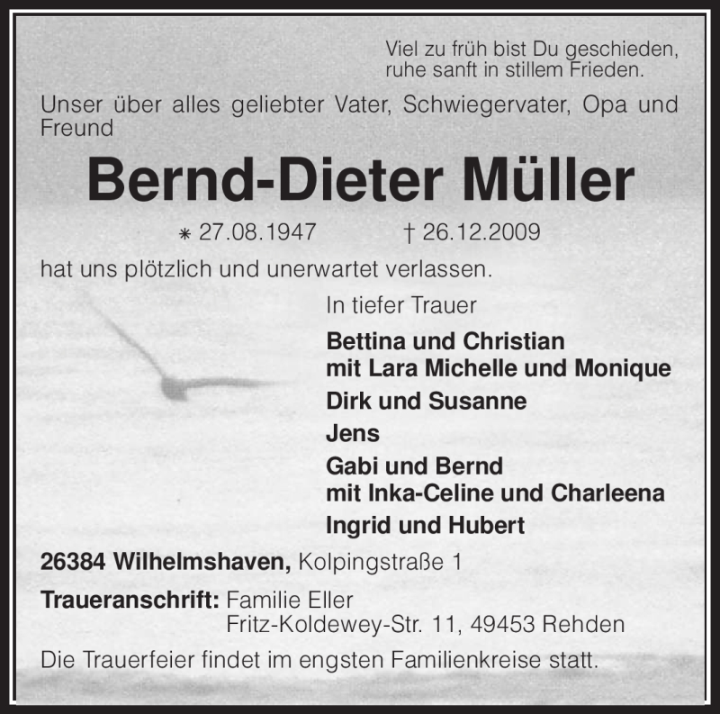  Traueranzeige für Bernd-Dieter Müller vom 31.12.2009 aus KREISZEITUNG SYKE