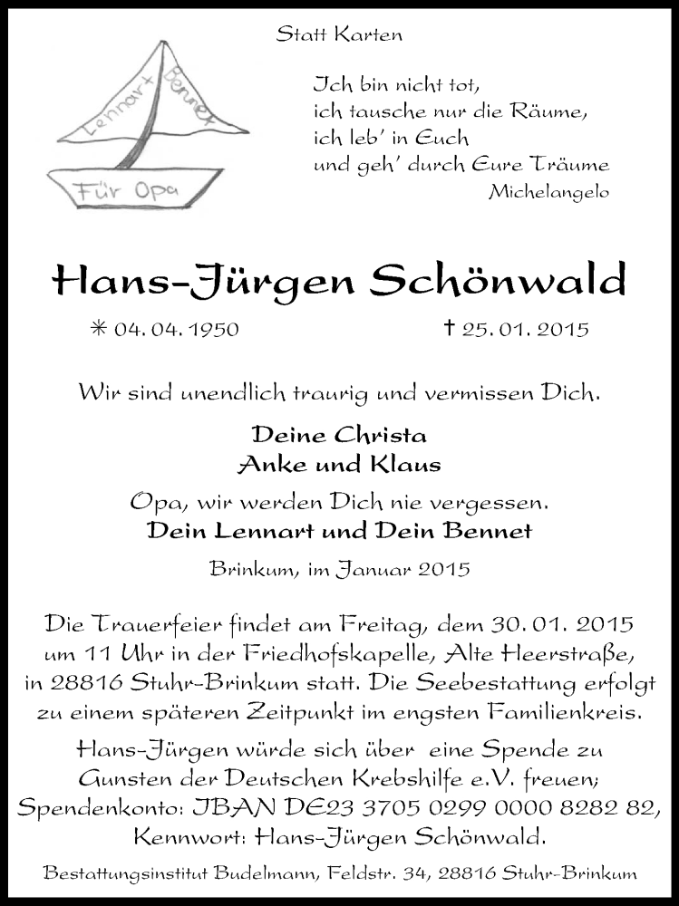  Traueranzeige für Hans-Jürgen Schönwald vom 28.01.2015 aus KRZ