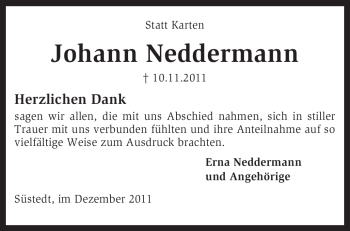 Traueranzeige von Johann Neddermann von KREISZEITUNG SYKE