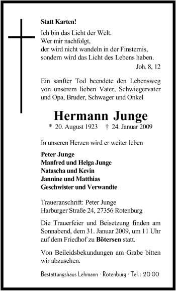 Traueranzeige von Hermann Junge von KREISZEITUNG SYKE