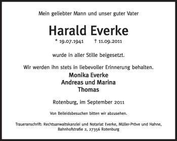 Traueranzeige von Harald Everke von KREISZEITUNG SYKE
