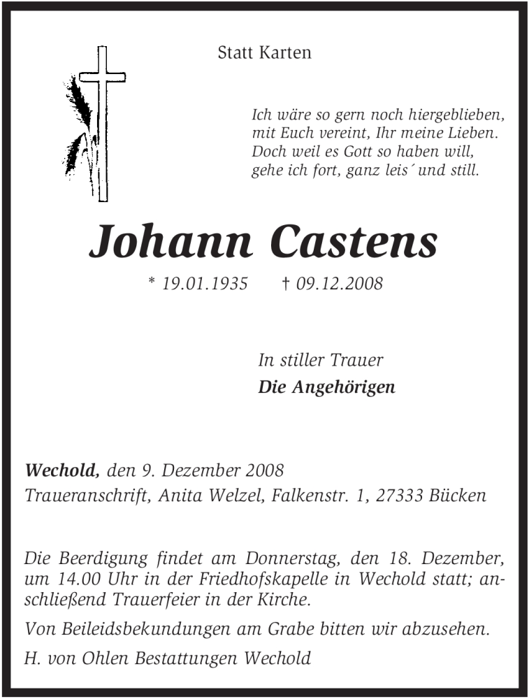  Traueranzeige für Johann Castens vom 15.12.2008 aus KREISZEITUNG SYKE