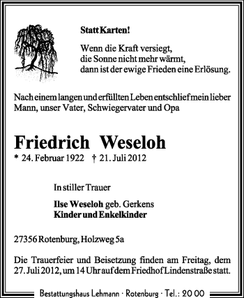 Traueranzeige von Friedrich Weseloh von KREISZEITUNG SYKE