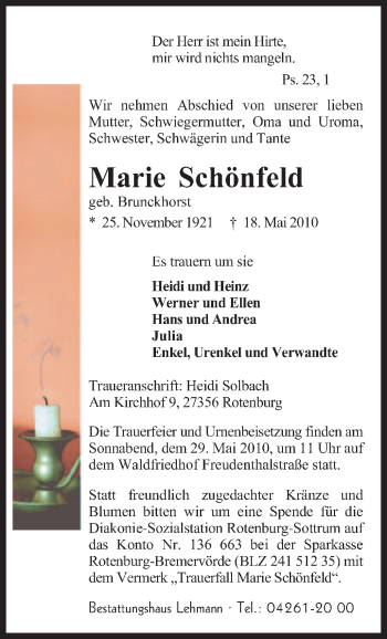 Traueranzeige von Marie Schönfeld von KREISZEITUNG SYKE