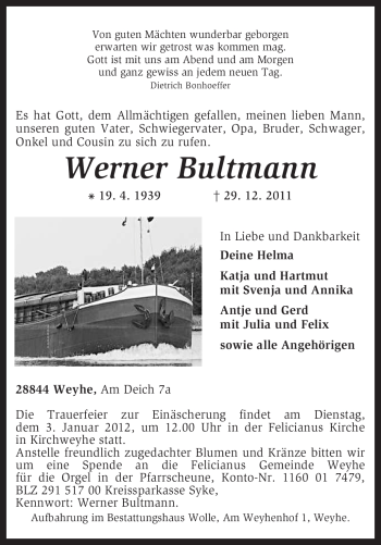 Traueranzeige von Werner Bultmann von KREISZEITUNG SYKE