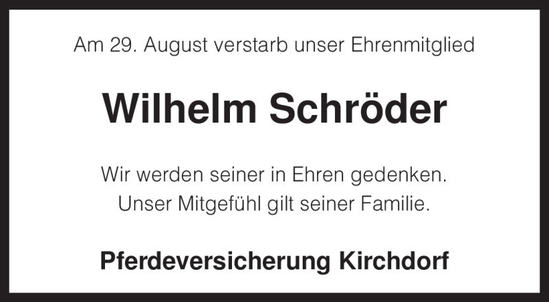  Traueranzeige für Wilhelm Schröder vom 01.09.2010 aus KREISZEITUNG SYKE