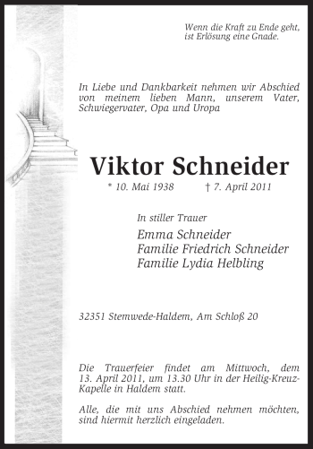 Traueranzeige von Viktor Schneider von KREISZEITUNG SYKE