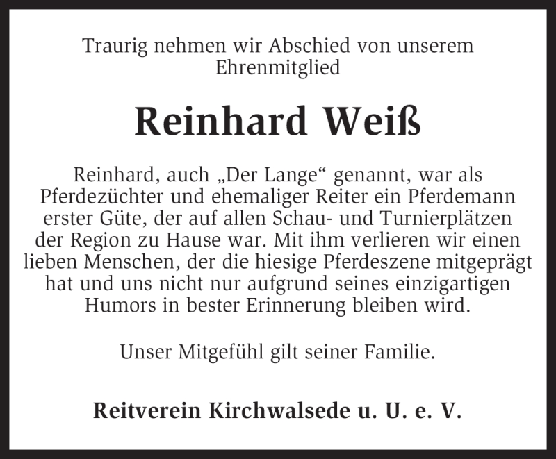  Traueranzeige für Reinhard Weiß vom 03.02.2011 aus KREISZEITUNG SYKE