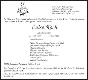 Traueranzeige von Luise Koch von KREISZEITUNG SYKE