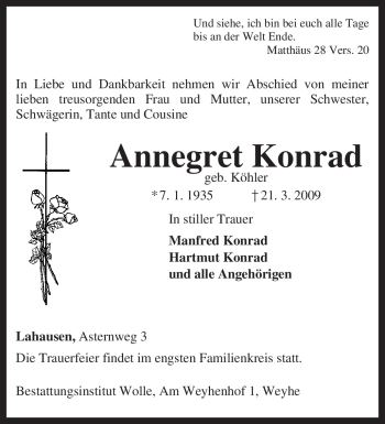 Traueranzeige von Annegret Konrad von KREISZEITUNG SYKE