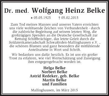 Traueranzeige von Wolfgang Heinz Belke von KRZ